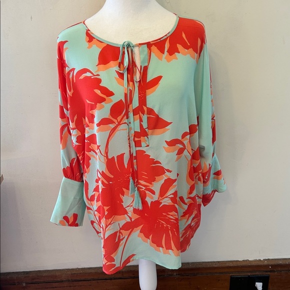 Tyler boe  lime green orange floral batwing silk blouse Size M EUC - Picture 2 of 10